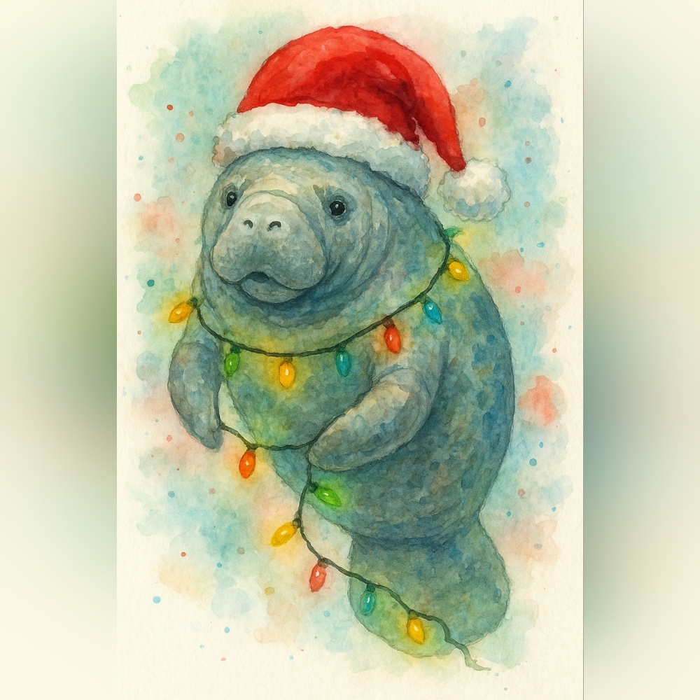 Festive Manatee Art Print with Santa Hat